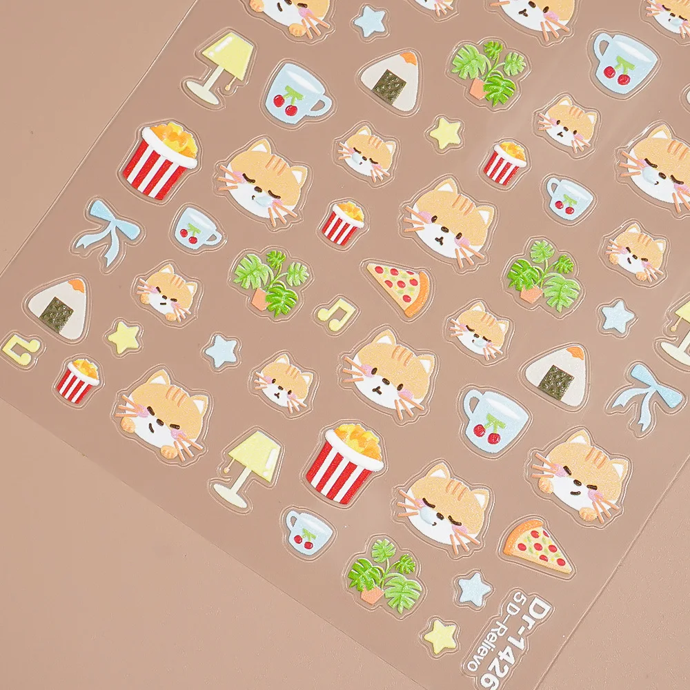 1/5/10 قطعة 5D تنقش لطيف الحيوانات الأليفة القط مسمار ملصقات Kawaii الغذاء ستار القوس الشارات النساء DIY بها بنفسك مانيكير ذاتية اللصق ديكور مع الملقط