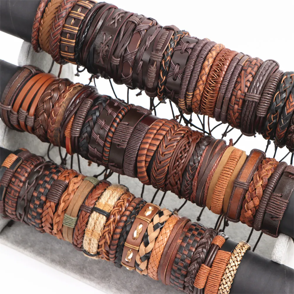 10Pcs/Lot Fashion Handmade Multi-color Braided Leather Bangle Cuff Bracelets For Women Men Mix Style Size Adjustable Jewelry