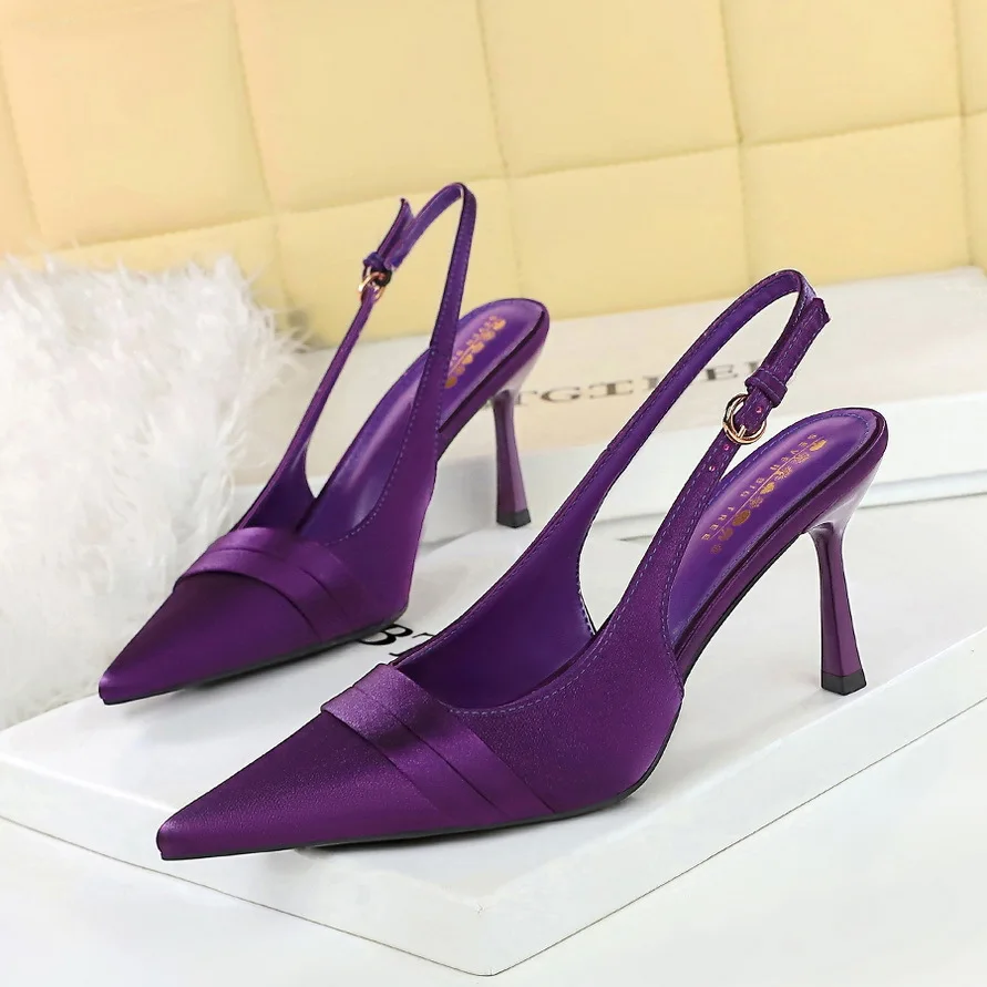 

Sexy Purple Satin High Heels Pumps for Women 2025 Summer Slingbacks Thin Heeled Ladies Shoes Pointed Toe Party Wedding Shoes