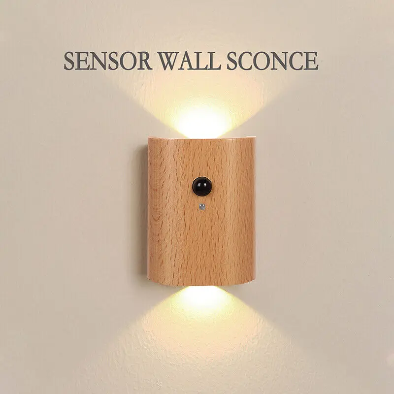 Wireless PIR Motion Sensor Induction Light, USB Rechargeable, Beech Wood Wall Lamp, Warm White, Home Decoration, 2700K ~ 3000K