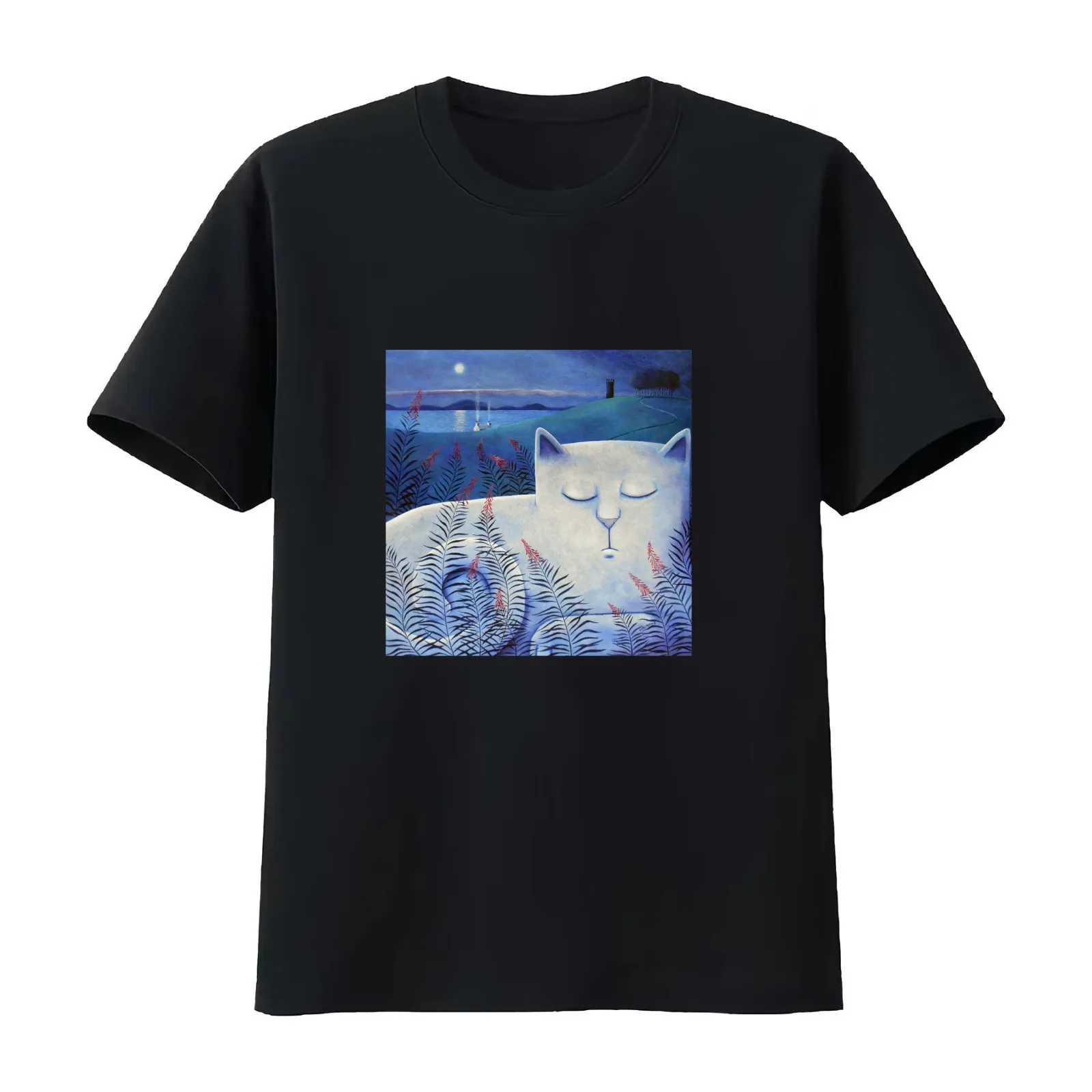 Blind white cat on a moonlit night. T-Shirt Summer Casual Cotton Tee Oversized Streetwear Tops Vintage Graphic Print