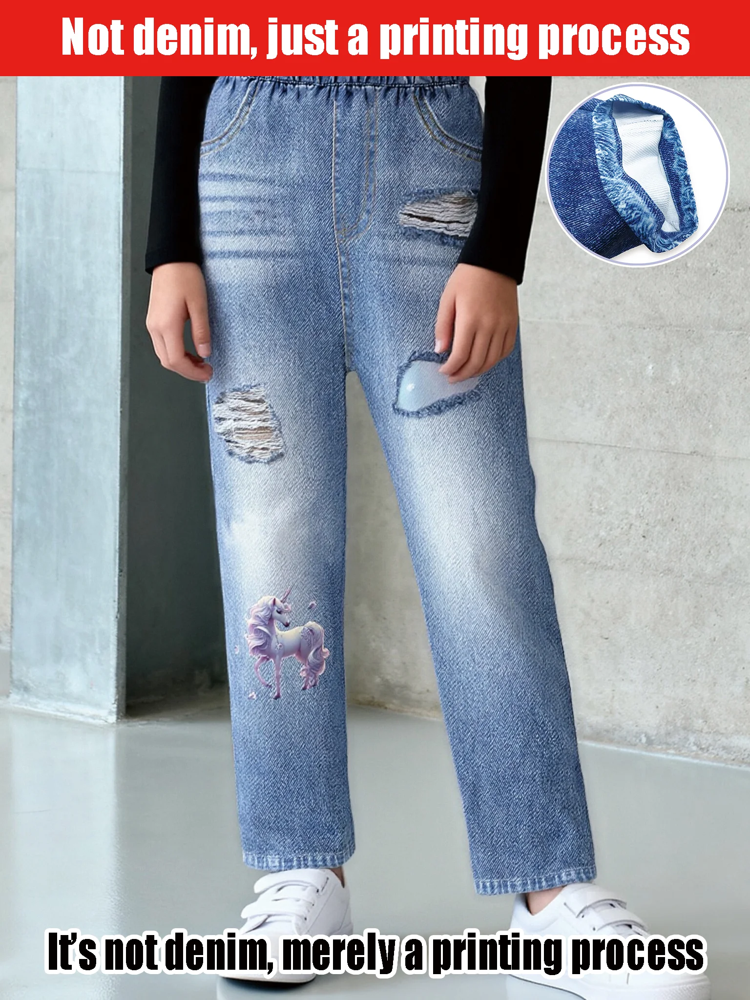 

2025 Daily Casual Street Style, Girls' Unicorn Printed Imitation Denim Trousers, Elastic Waist Imitation Ripped Trousers