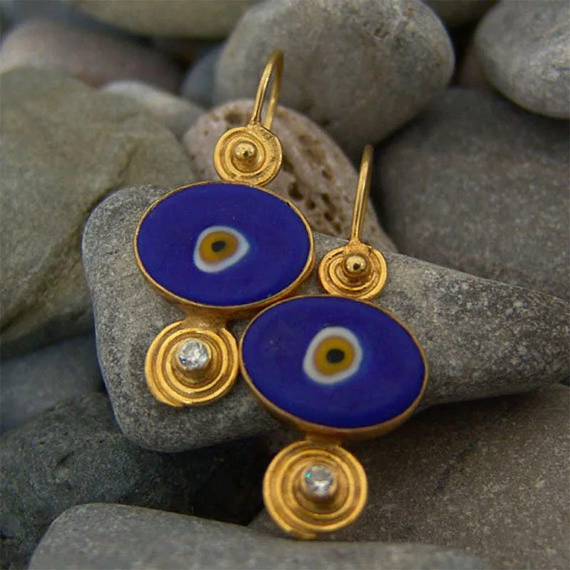 Gypsy Navy Blue Enamel Drop Dangle Earrings for Women Turkish Jewelry Gold Color Dripping Oil Eye Spiral Hook Earrings