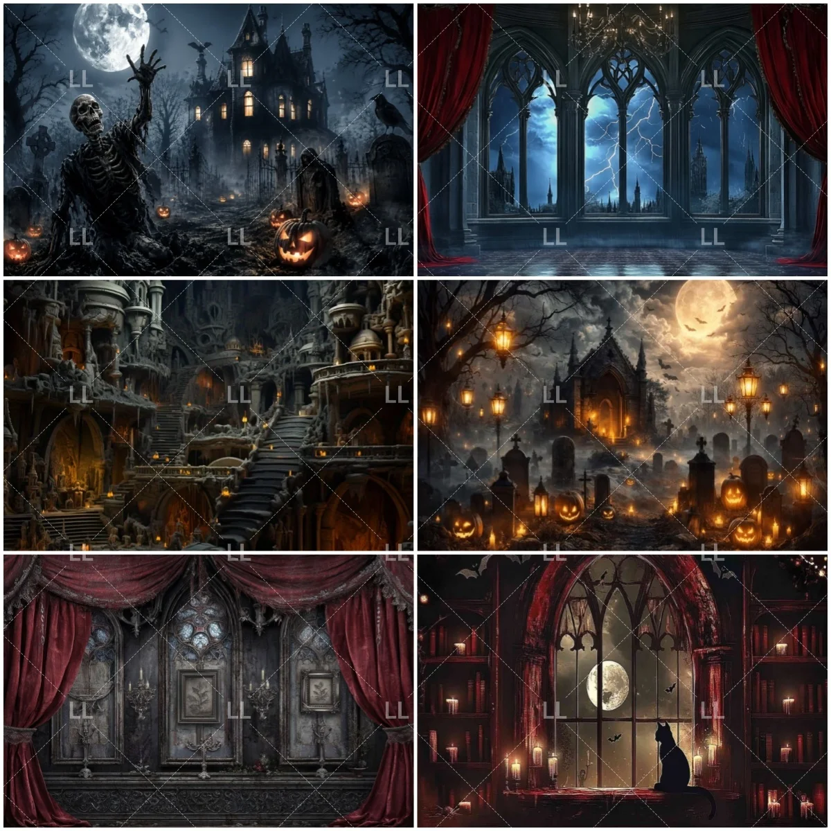 Halloween Gotischer Mittelalterlicher Schloss-Fensterblick Hintergrund Gruseliges Haus Horror Skelett Fledermaus Fotografie-Hintergrund Foto-Requisiten