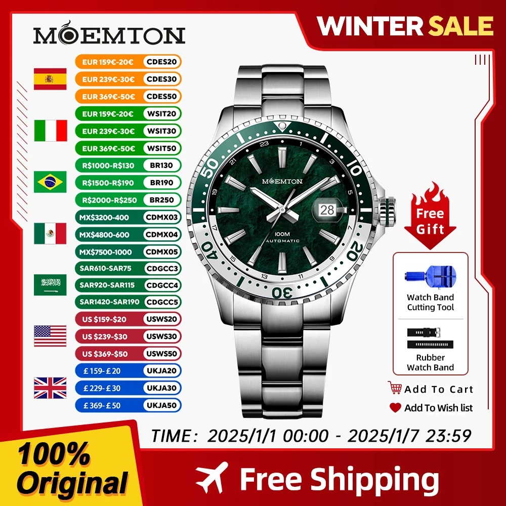 Reloj MOEMTON para hombre, reloj mecánico automático luminoso, reloj deportivo resistente al agua de 10bar, relojes de buceo de zafiro de lujo