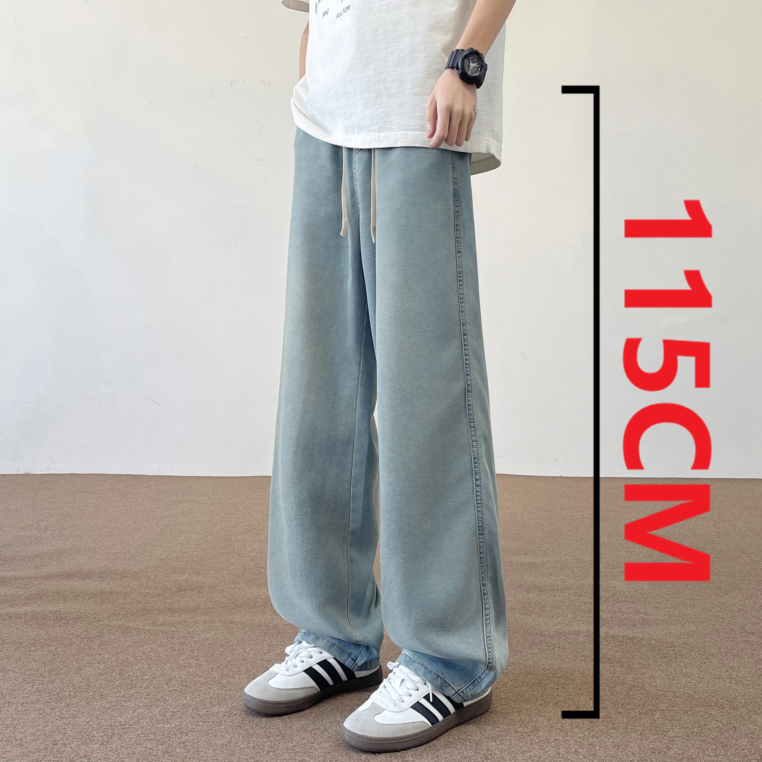 

2025 New Autumn American 190 Tall Men Ice Sensation Jeans 115CM Extra Long Length Elastic Waist Thin Loose Wide-leg Clothing