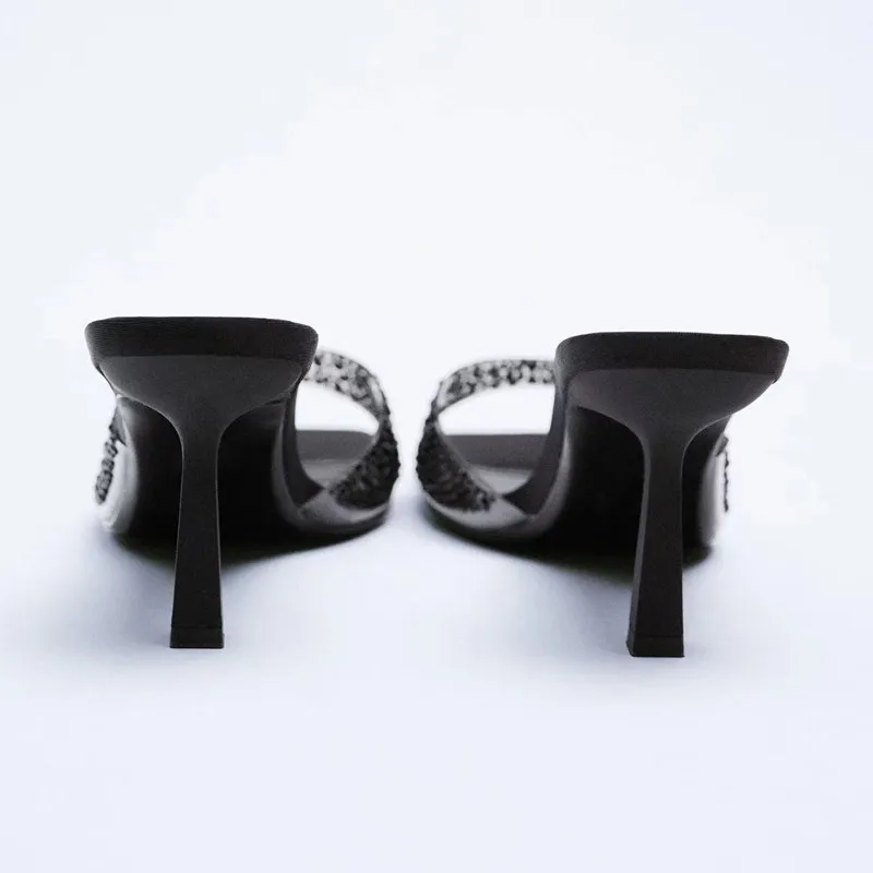 High Heel Slippers Women Summer Black Transparent Heeled Sandals Luxury Rhinestones Sandals Woman Comfort Plus Size Heels