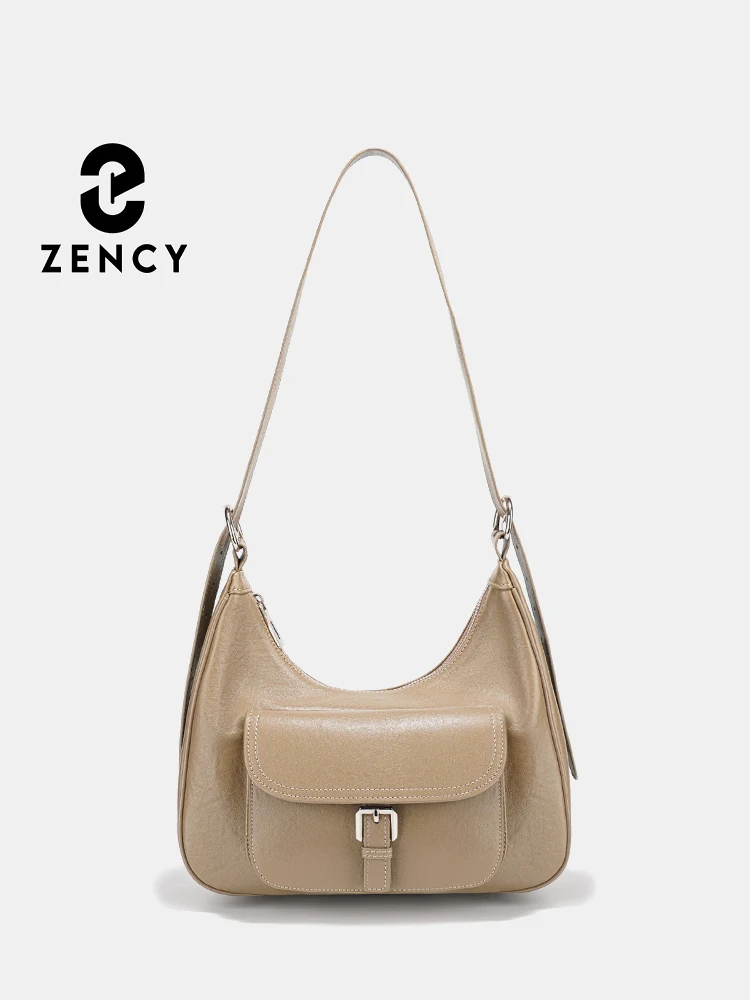 

Zency Vintage Women Shoulder Bag 100% Genuine Leather Large Capacity Handbag Satchel Bag Front Flap Pockets Underarm Bag Top