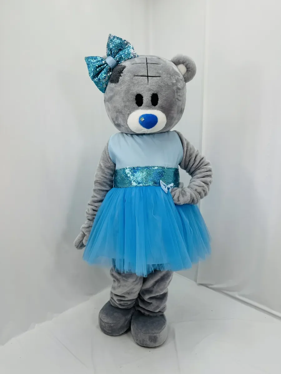 

Blue Dress Grey Bear Mascot Costume Adult Cartoon Character Walking Doll Clothes for Halloween Christmas Fancy Parties