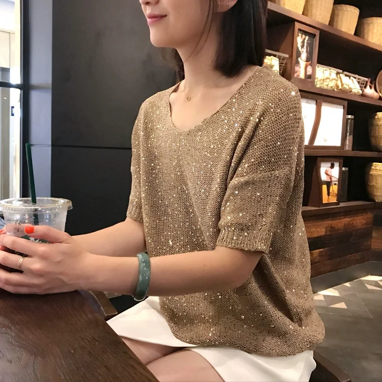 Cakucool Sequined Knitted Top Summer Pullover Women Short Sleeve Tee Shiny V-neck Casual Loose Jumpers shirt Femme 10colors