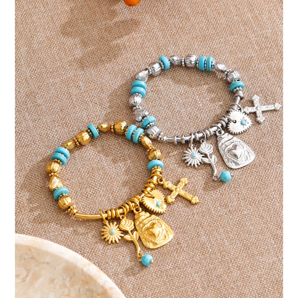 Yhpup Spain Vintage Stainless Steel Stone Beads Heart Cross Flower Drop Charm Bracelet Bangle Summer Handmade Jewelry Waterproof
