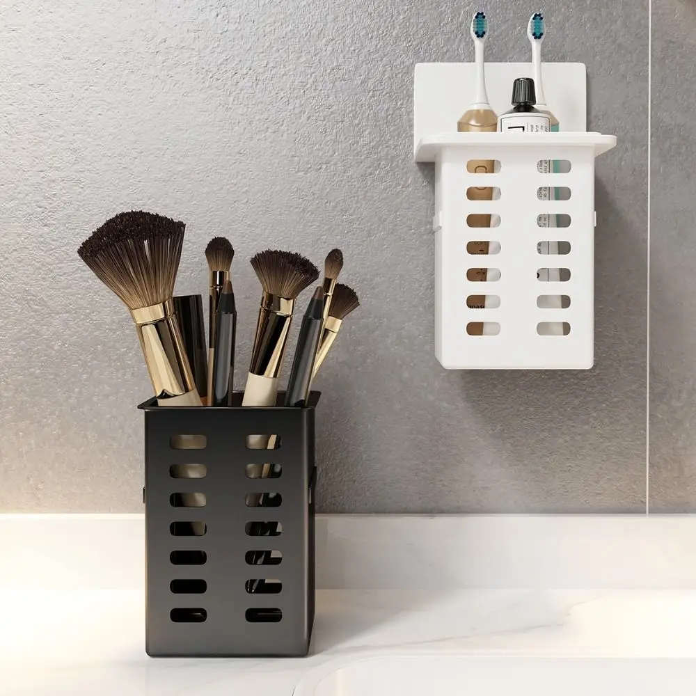 Plastic Wall Mounted Storage Box Self Adhesive Space Saving Toothbrush Storage Rack Simple No Drill Makeup Brush Storage Box