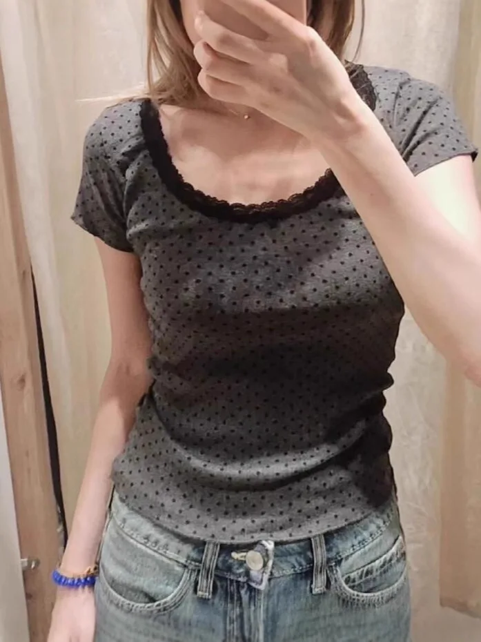 

Темно-серая футболка с точечным принтом, женская летняя новая тонкая кружевная бейка с овальным вырезом, хлопковые топы с короткими рукавами, футболки, милые милые простые футболки