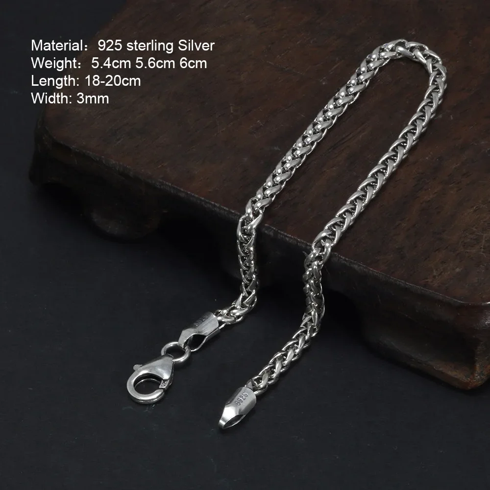 925 Sterling Silver 3mm Braided Wheat Chain Bracelet 17-21cm Simple Retro Minimalism Jewelry For Men and Women