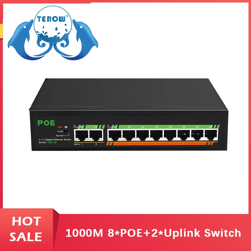 جيجابت التبديل 8 ميناء 10/100/1000Mbps POE التبديل 2 ميناء 1000Mbps الإرسال إيثرنت التبديل 52 فولت 120 واط Bulit في امدادات الطاقة مع VLAN