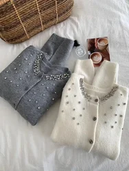 Charming Diamond Inlaid Knitted Cardigan 2024 New Autumn/Winter Women's Round Neck Long Sleeve Sweater Fashion Elegant Jacket