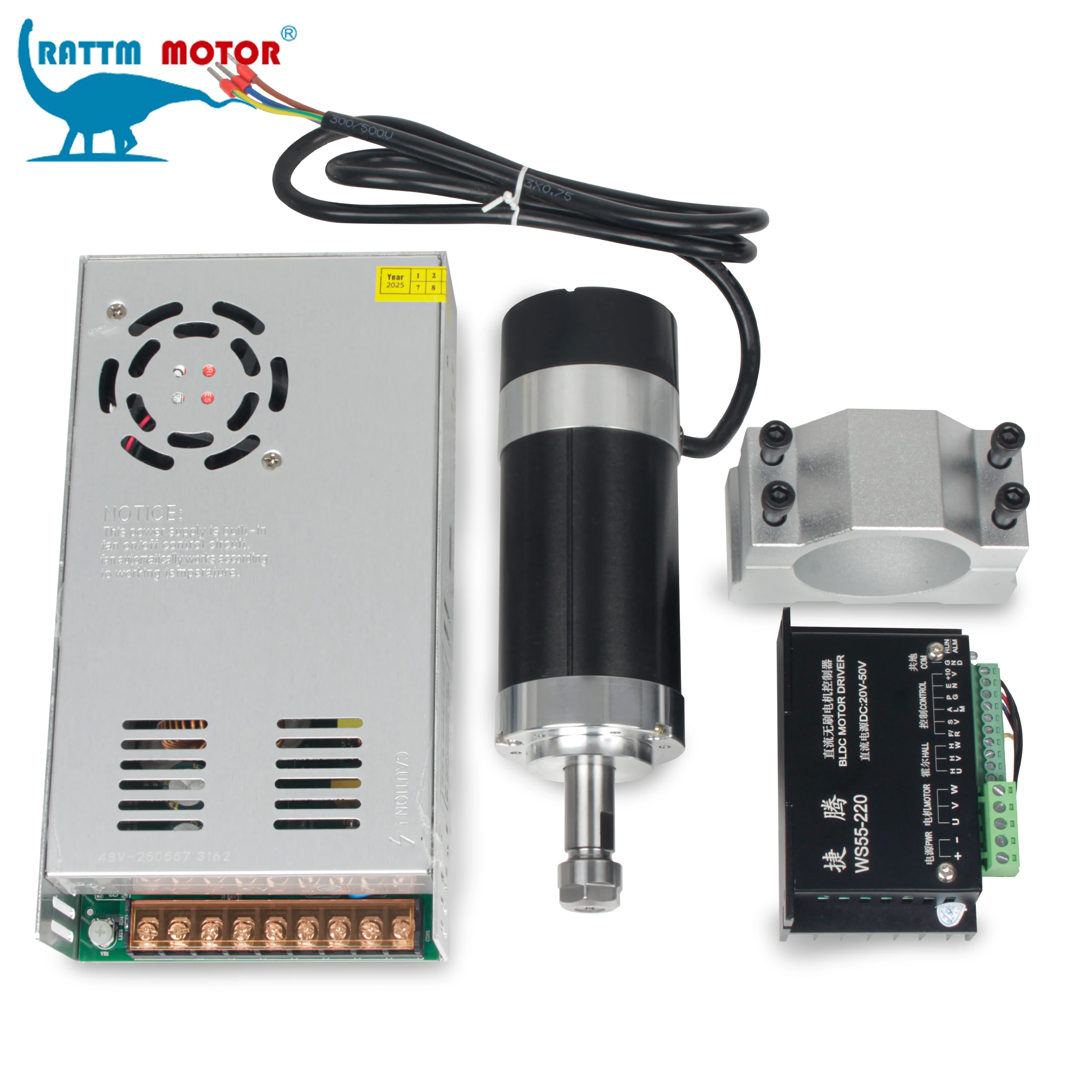 Brushless 500W 48V DC Spindle Motor, ER11, 0.6 N.m, Runout: 0.01-0.03mm, with Controller, Power Supply & 55mm Clamp