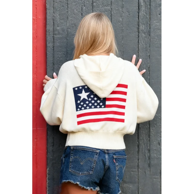 

New Embroidered Flag Sweater Autumn/Winter Round Neck Knitted Short Hooded Sweater Women's Street Wear Casual Long Sleeve