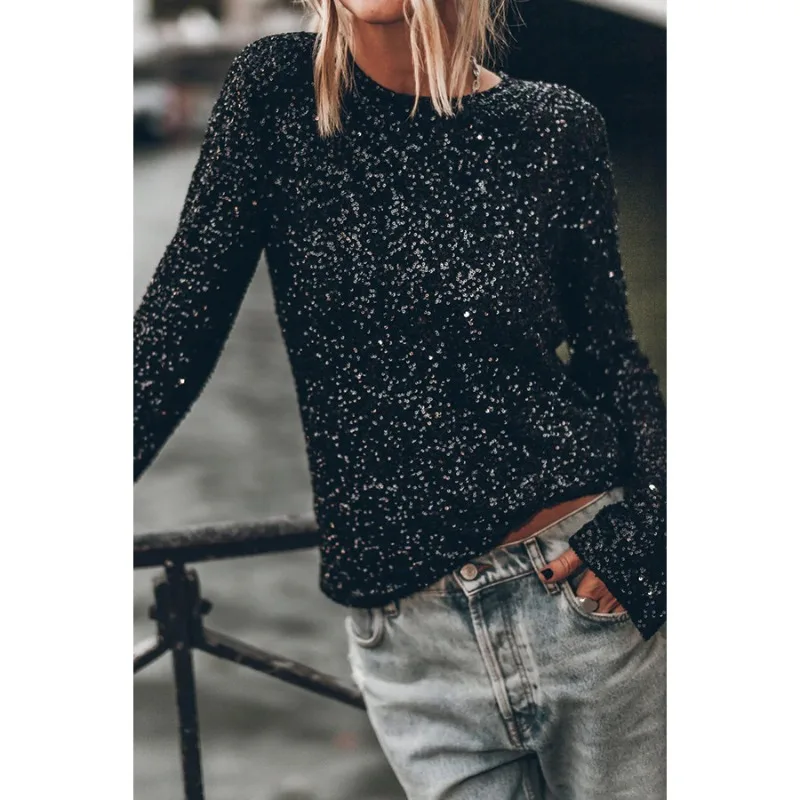 

Autumn and Winter New Sequin Long Sleeved Round Neck Shirt Casual Loose Slit Top