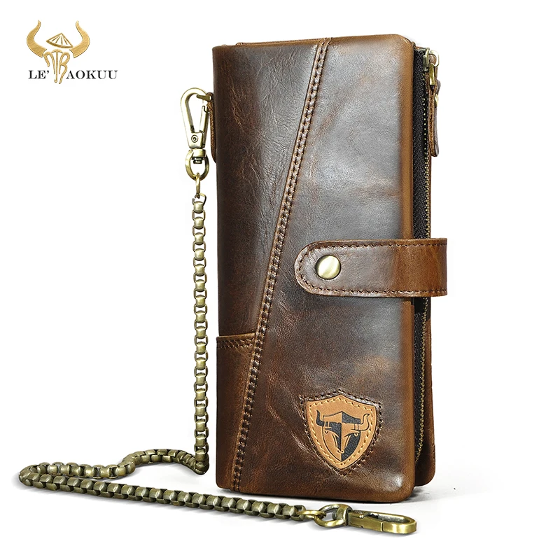 Hot Sale Thick Genuine Leather Travel Business Organizer Chain RFID Wallet For Men Long Zipper Male Purse Card Holder 1803