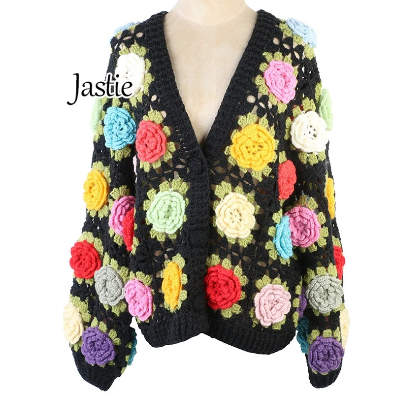 Jastie Heavy Sweater Cardigan Hand Hook Three-dimensional Flower Hollow Sweet Sweater Cardigan Jacket Luxury Design Knitted Top