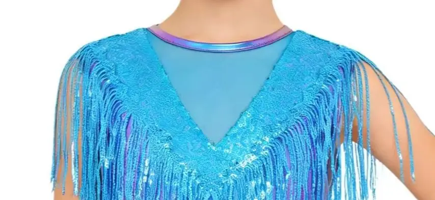 

Kids Girls Shiny Sequin Jazz Disco Tassels Metallic Jumpsuit Sleeveless Keyhole Back Mesh Patchwork Stage Performance Bodysuit