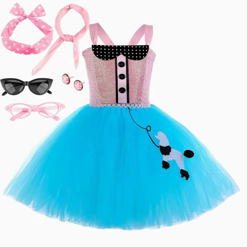 Retro 1950s Pink Blue Poodle Tutu Dress for Girls,50s Themed Princess Costume Perfect Halloween,Birthday Party Dress Up Events