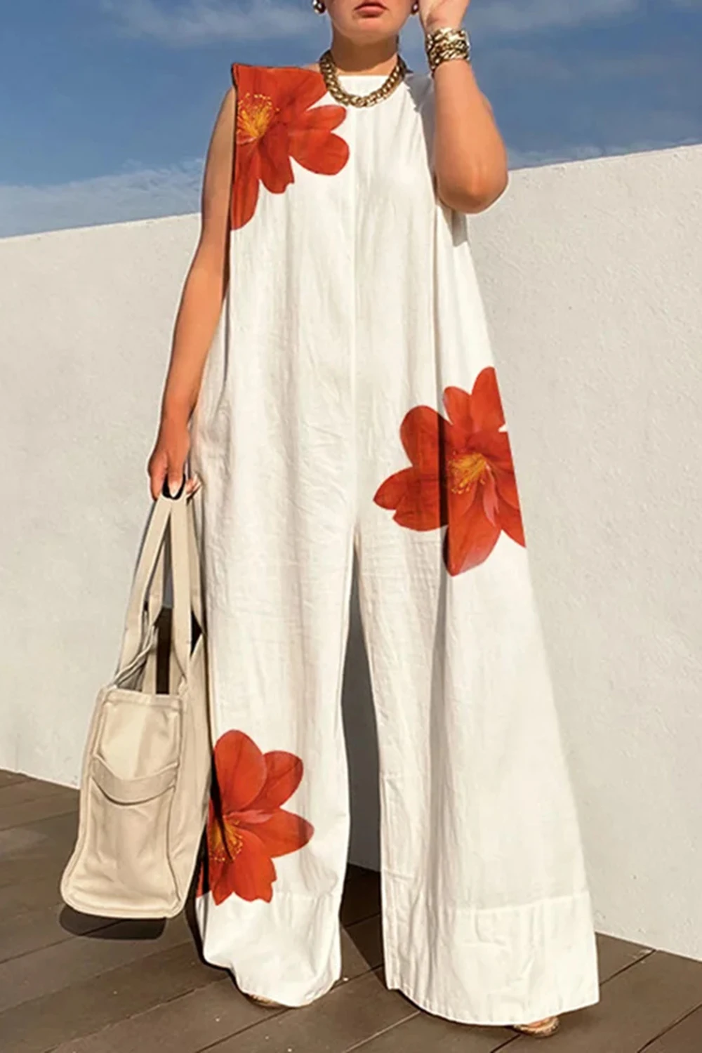

Plus Size Vacation White Casual Floral Round Neck Wide Leg Jumpsuits