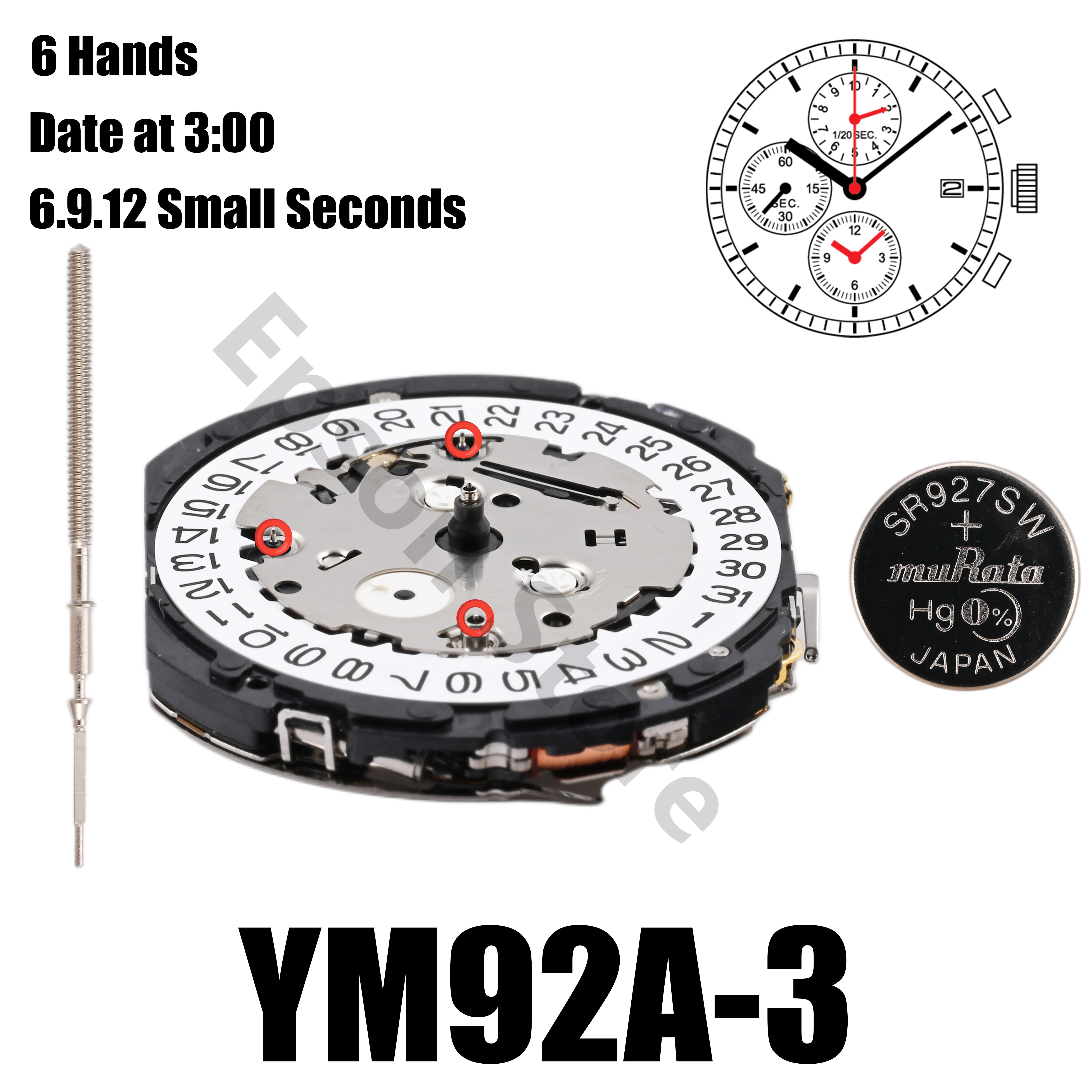 YM92 Movement YM92A Movement 6 Hands 6:00/9:00/12:00 Small Seconds Size : 12\'\'\'Height: 3.70mm 1/20 Sec. Chronograph