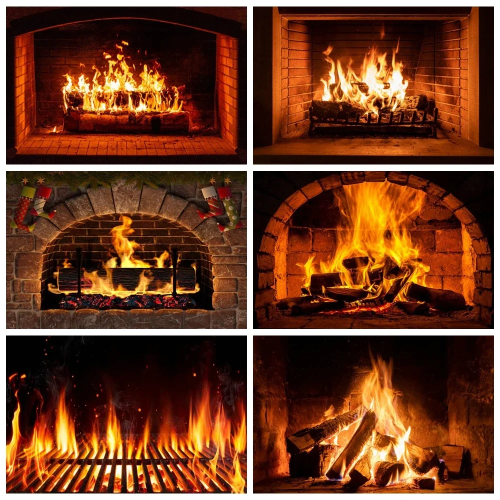 

Christmas Home Decoration Fireplace Backdrop Photography Vintage Arch Brick Stove Flame Party Studio Photo Background