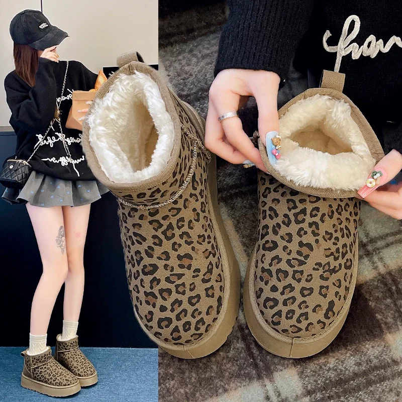 2024 Women\'s Simple Thick Soled Shoes New High Quality Snow Boots Leopard Pattern Daily Boots Hot Selling Round Head Ankle Boots