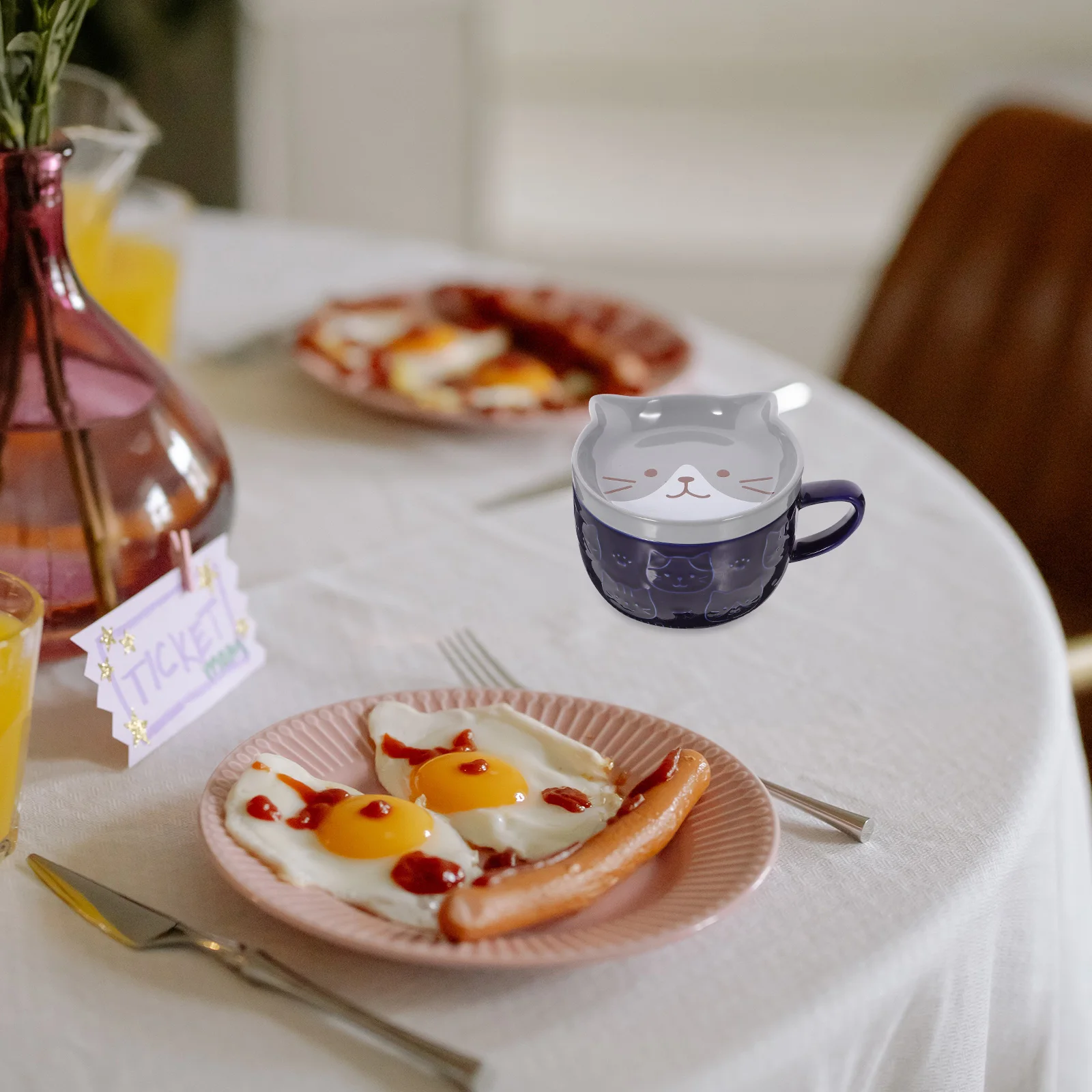 

Adorable Cat Ceramic Coffee Mug with Gray Lid Thermal Water Cup for Tea Latte Breakfast Party Decorative Household Drinkware