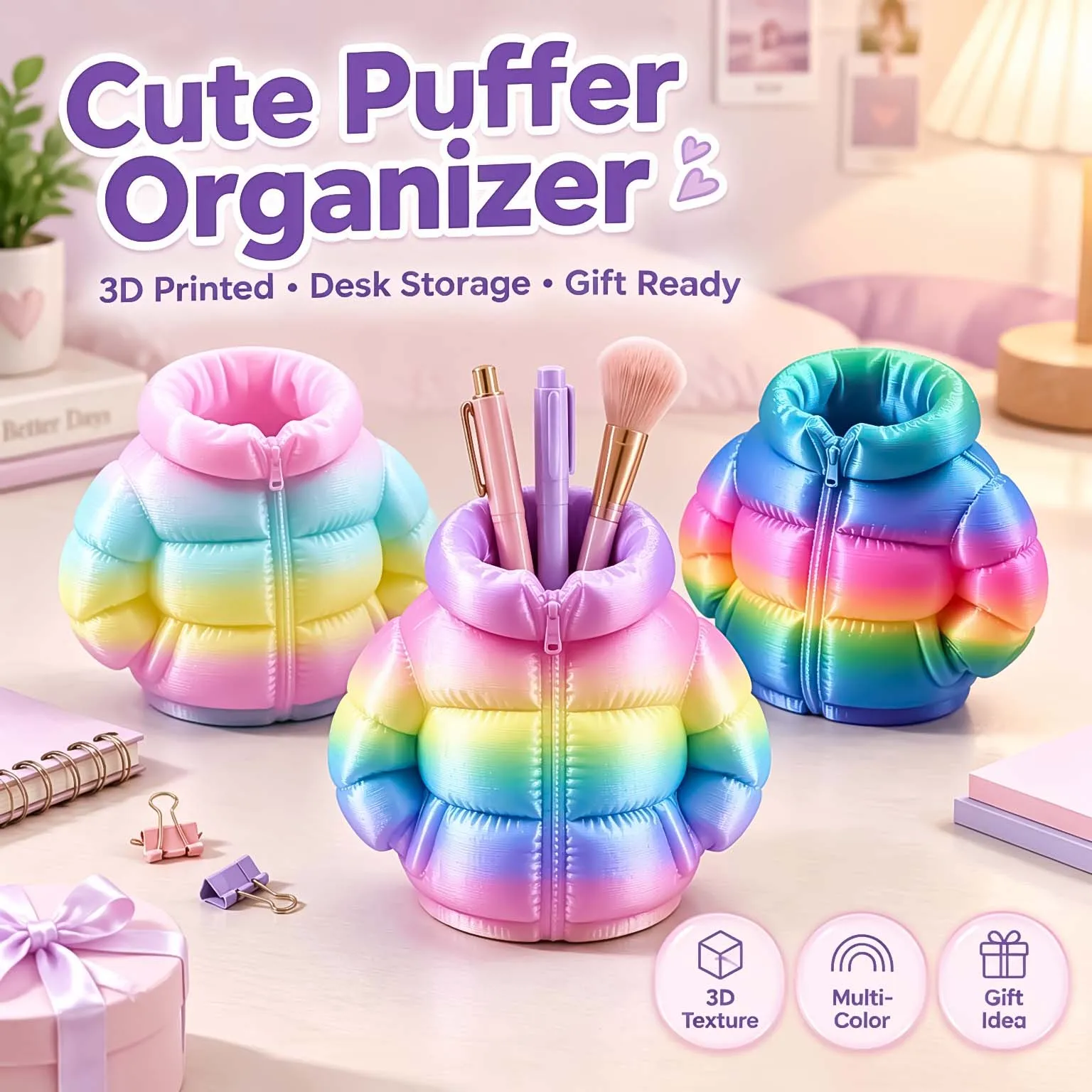 Cute 3D Print Puffer Jacket Pen Holder Rainbow Multi-color Desk Storage Box Makeup Brush Organizer Creative Stationery Gift