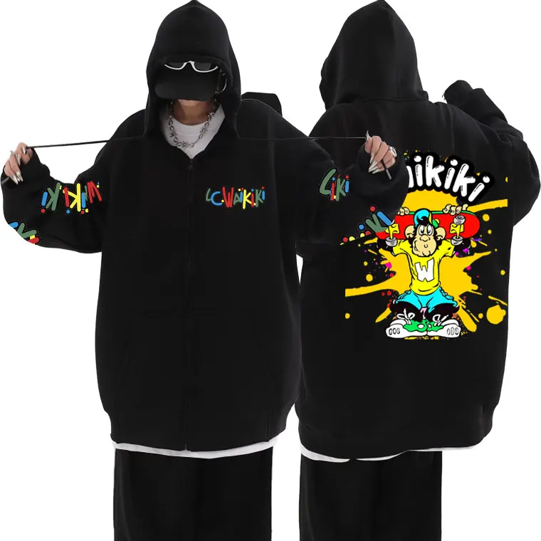 Lc Waikiki Monkey Skateboard Print Zipper Hoodie Funny Cartoon Monkeys Zippers Sweatshirt Men Women Casual Fleece Zip Up Jacket