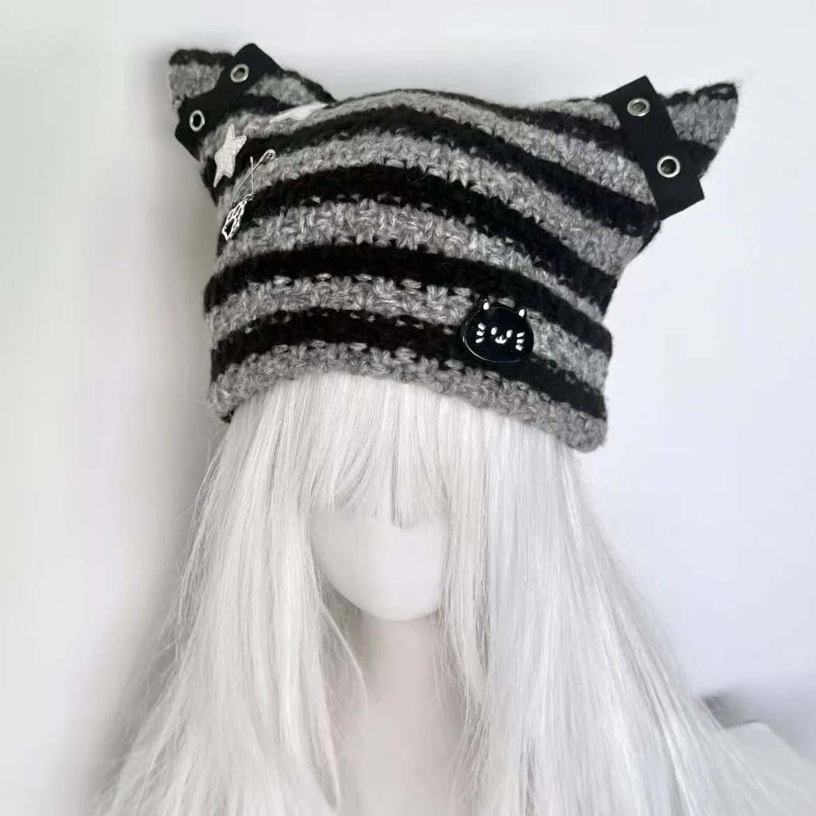 Y2k menina gato estrela listras gorros chapéus gótico rua punk malha bonnet bonés doce legal tempero menina moda manter quente gorro chapéu