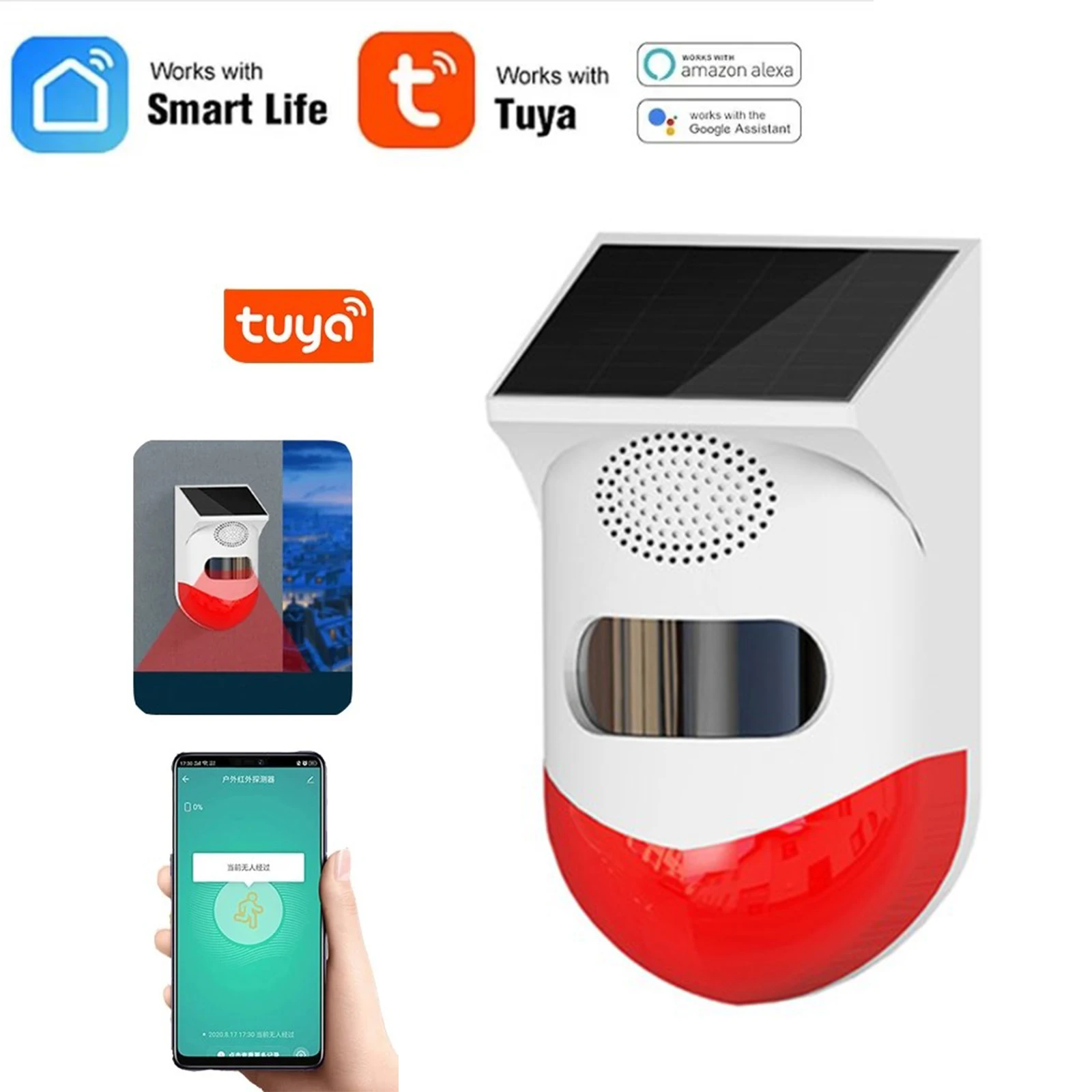 Tuya Smart WiFi Detector de Movimento Infravermelho, Solar, Exterior, PIR, Sem Fio, Estroboscópio, Sirene, Alarme de Som, Impermeável, Controle Remoto