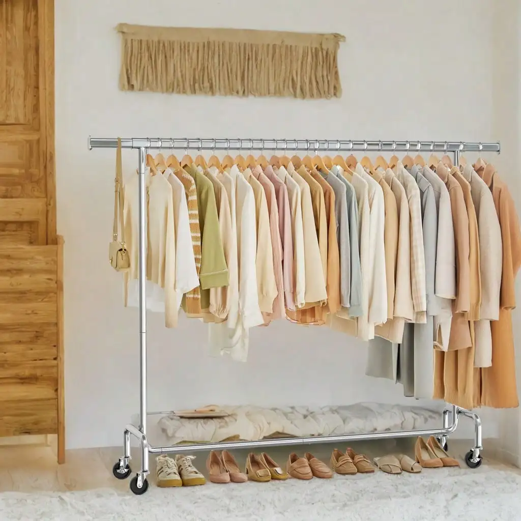 

Вешалка для одежды на колесах, усиленная, с выдвижной штангой, грузоподъемность 110 кг, 17,7 x (63-78,7) x дюймов