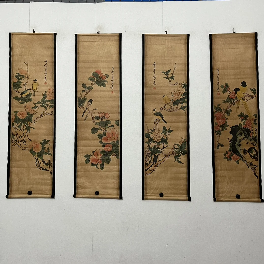 Chinese rice paper living room scroll painting four screen wall decoration hanging painting four seasons flowers and birds