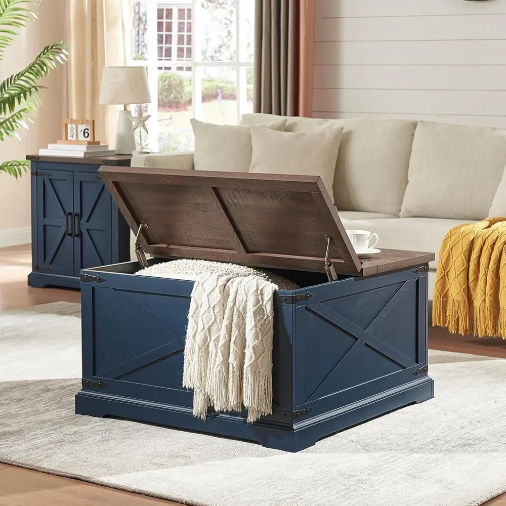 Farmhouse Square Coffee Table with Storage, Wood Center Table with Hinged Lift Top, Rustic Cocktail Table with Large Hidden Stor