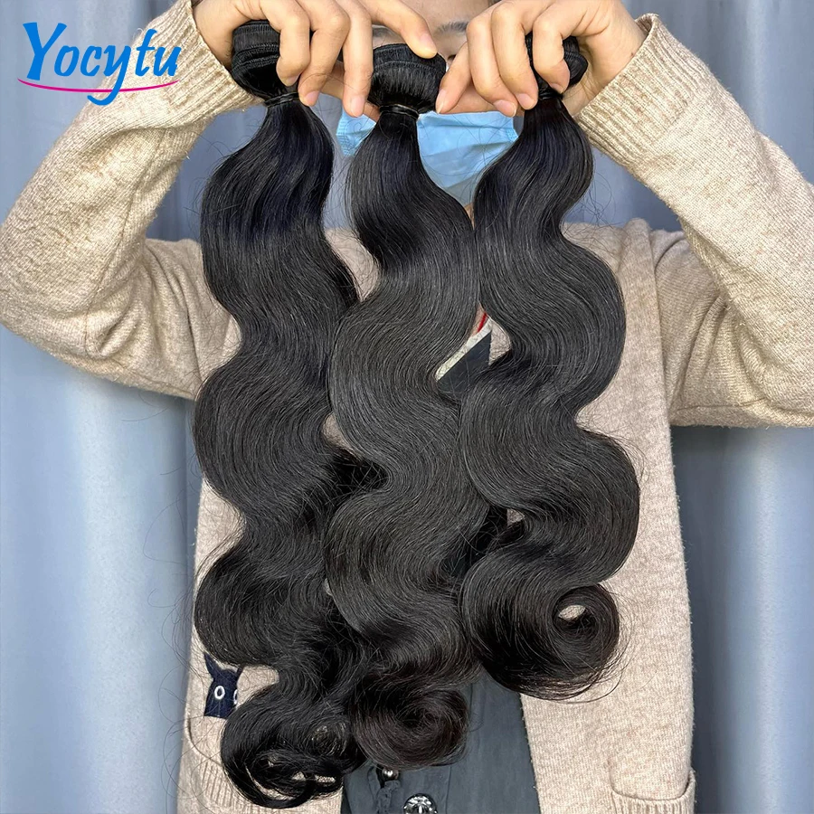 YOCYTU Body Wave Human Hair Bundles With Closure Brazilian Hair Body Weave 3 PCS Bundles With Closure Remy Body Hair Weave Extensions Transparent