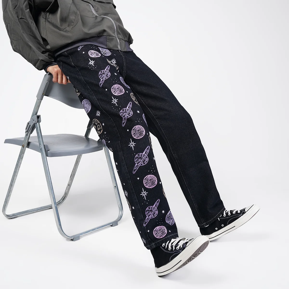 Purple Planet Design Black Jeans Man Pants Y2k Harajuku Straight Mens High Quality Fashion Hip Hop Street Men\'s Clothing