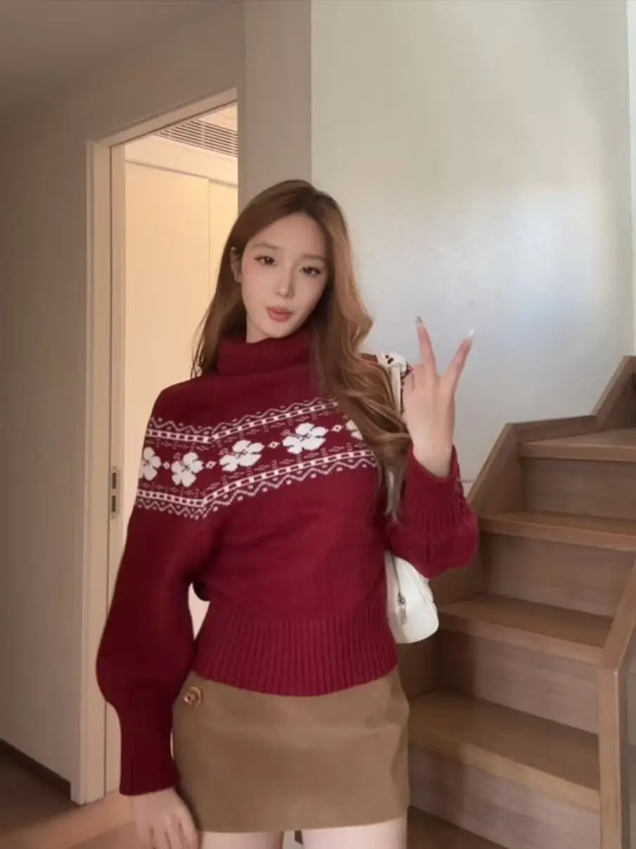 سترة نسائية كورية بياقة عالية وأكمام طويلة محبوكة، تصميم جديد للخريف والشتاء بنمط زهور حلو