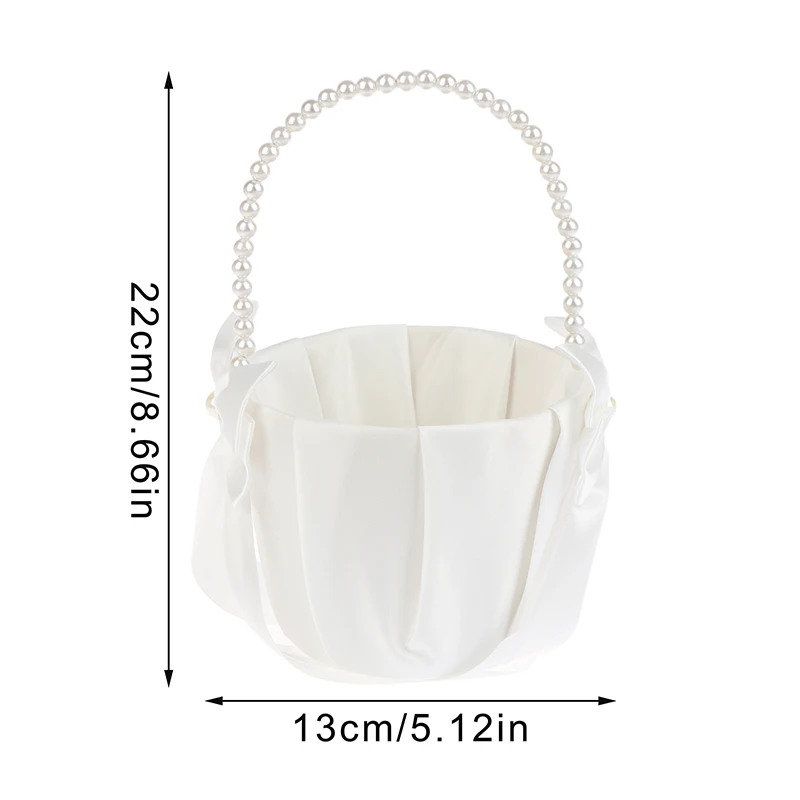 1Pc Pearl Handle Flower Basket Bow Satin White Western Rustic Bowknot Wedding Flower Basket For Floral Petals