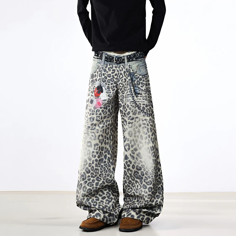 Niche Design Men's Denim Jeans Pants Leopard Print 3D Printing Contrast Color Trousers Straight Leg Loose Male 2026 Spring Jeans