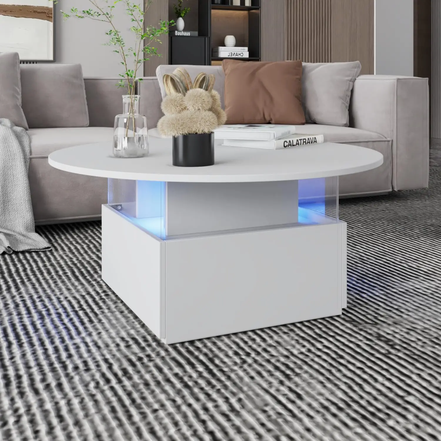 31.5" Modern LED Round Coffee Table - White Acrylic & Wood Center Table with 2 Sliding Drawers,
