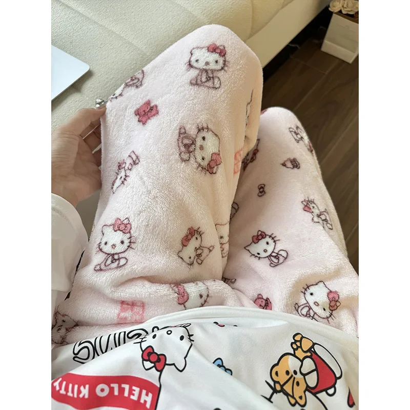 Christmas Cartoon Hello Kitty Flannel Sleepwear Autumn&winter New Style Coral Fleece Thickened and Plush Warm Casual Home Pants