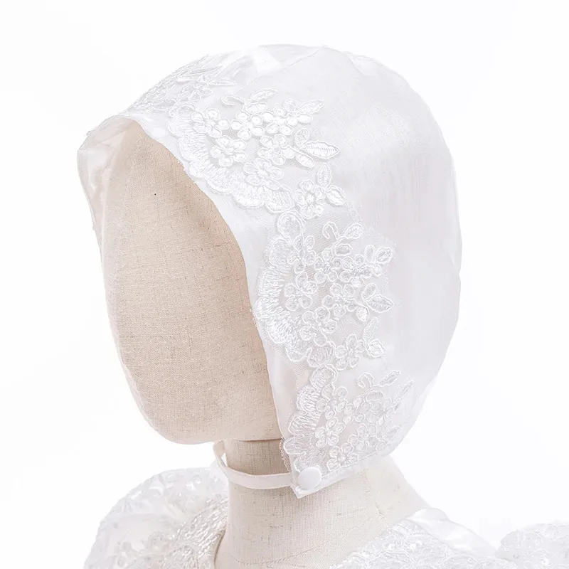 Vestido de bautizo blanco para niñas con gorro, traje de bautismo para niños pequeños, fiesta de cumpleaños de 1er año, vestidos de boda infantiles