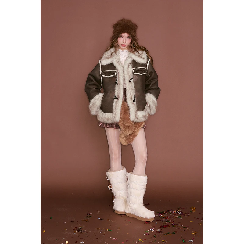 ELFSACK Y2K PU Leather Faux Fur Collar Bow Toggle Button Faux Wool Jacket For Women