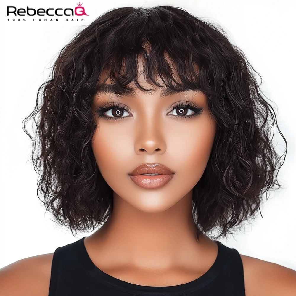 Water Curly Glueless Human Hair Wigs with Bang Machine Made Wig With Neat Fringe for Women QVR Short Curly Bob Natural Remy Wig