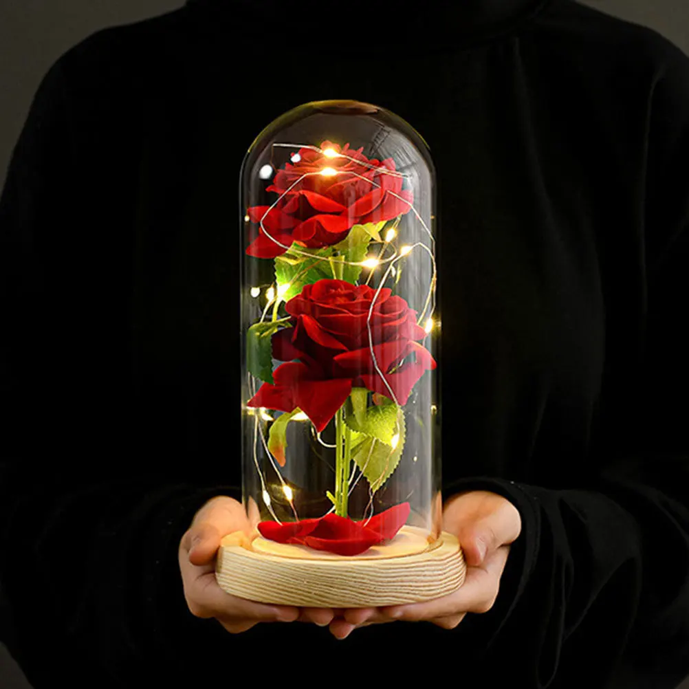 Simulated Rose with LED Light String in Glass Dome Romantic Desktop Decor Valentines Day Ornament Preserved Lamp